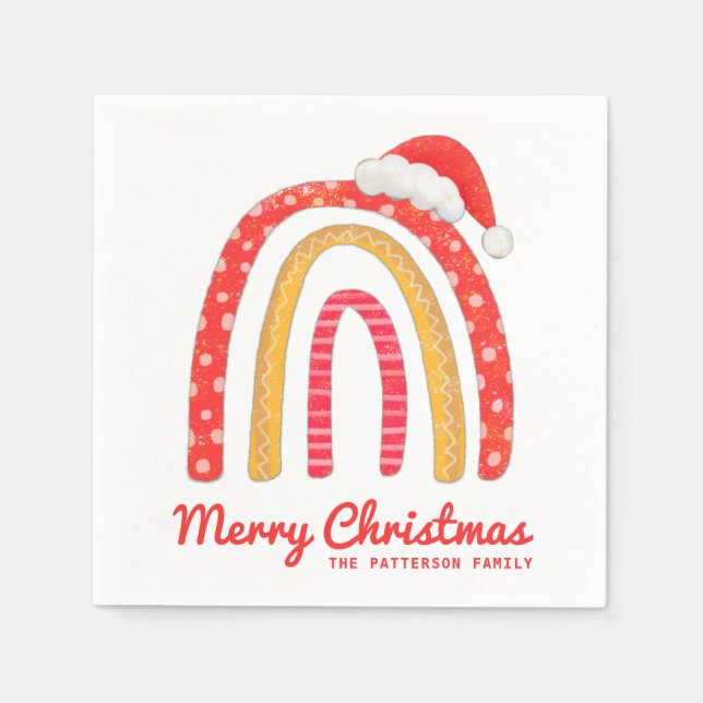 Merry Christmas Santa Hat Rainbow Personalized Napkins (Front)