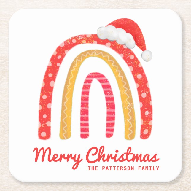 Merry Christmas Santa Hat Rainbow Personalized Square Paper Coaster (Front)