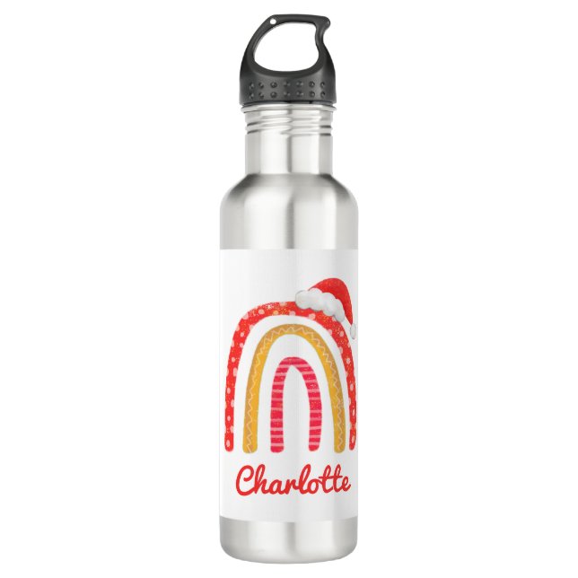 Merry Christmas Santa Hat Rainbow Personalized Stainless Steel Water Bottle (Front)