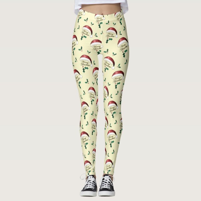 Merry Christmas Santa hat Red Gold Green Sparkles Leggings (Front)
