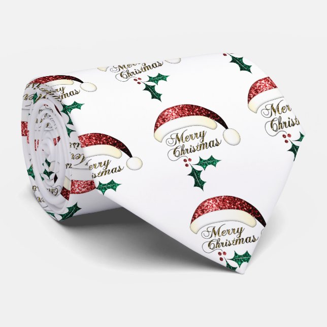 Merry Christmas Santa hat Red Gold Green Sparkles Neck Tie (Rolled)