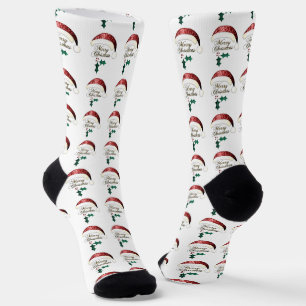 Merry Christmas Santa hat Red Gold Green Sparkles Socks