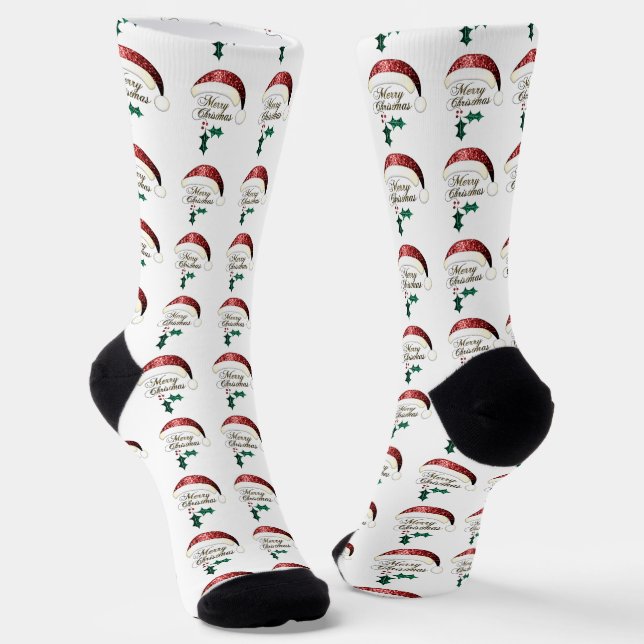 Merry Christmas Santa hat Red Gold Green Sparkles Socks (Angled)