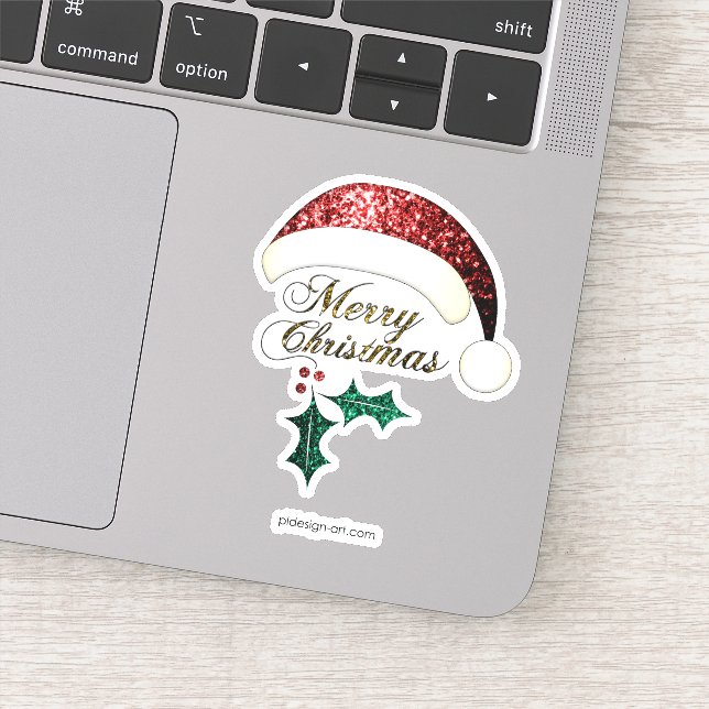 Merry Christmas Santa hat Red Gold Green Sparkles Sticker (Detail)
