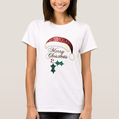 Merry Christmas Santa hat Red Gold Green Sparkles T_Shirt