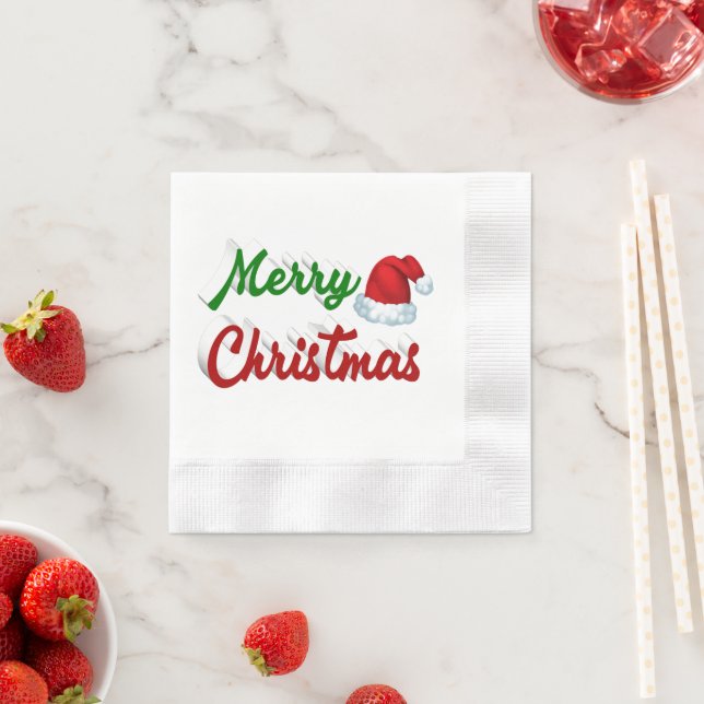 Merry Christmas Santa Hat red green script Napkins (Insitu)