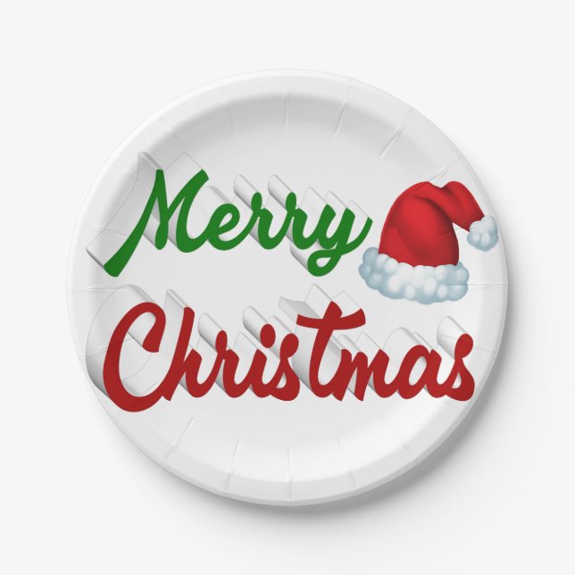 Merry Christmas Santa Hat red green script Paper Plates (Front)