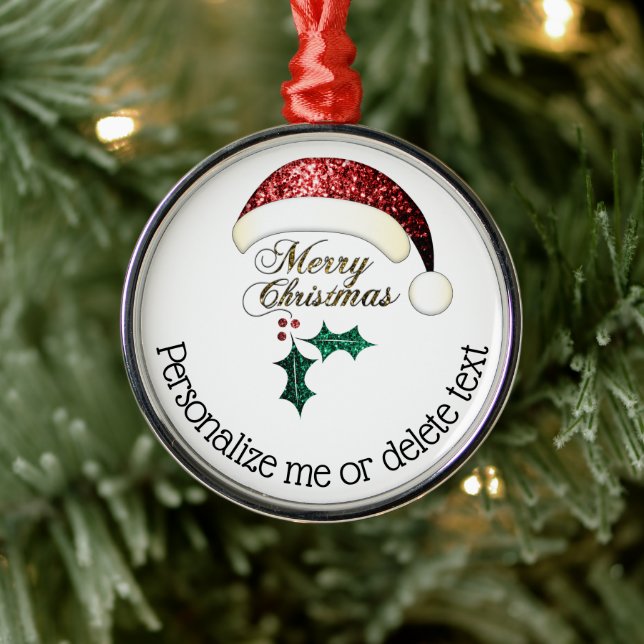 Merry Christmas Santa hat Sparkles Custom text Metal Ornament (Tree)