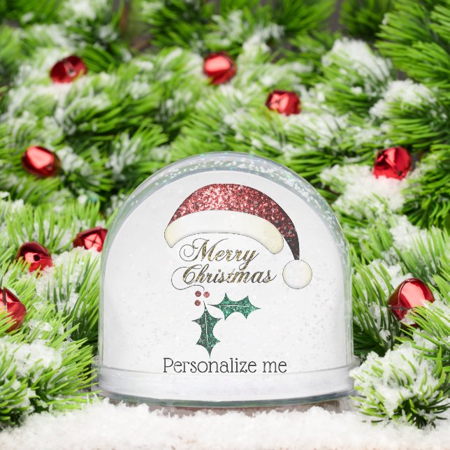 Merry Christmas Santa hat Sparkles Custom text Snow Globe (Christmas)
