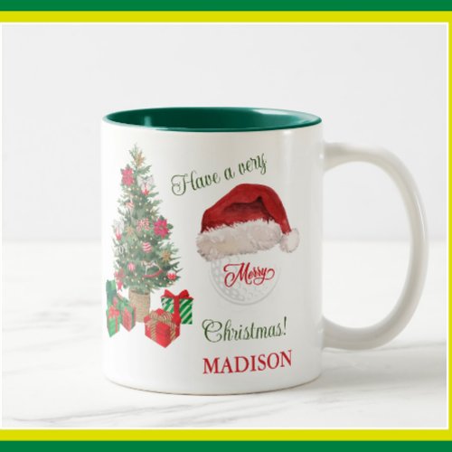 Merry Christmas Santa Hat Tree Golf Ball Name  Two_Tone Coffee Mug