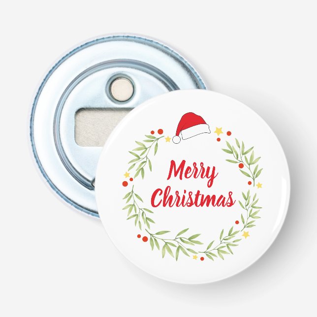 Merry Christmas Santa Hat Wreath Bottle Opener (Front)
