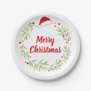 Merry Christmas Santa Hat Wreath Party Paper Plates