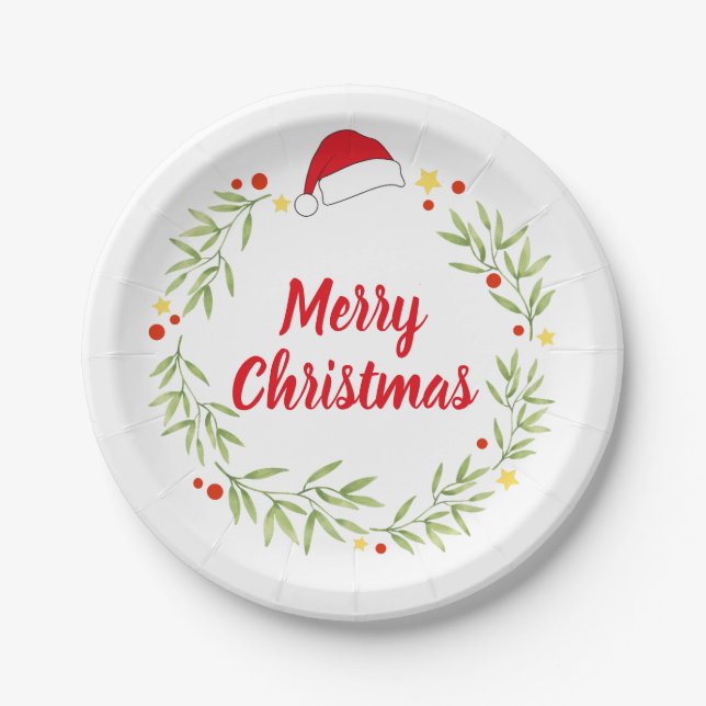 Merry Christmas Santa Hat Wreath Party Paper Plates (Front)