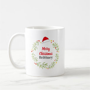 Merry Christmas Santa Hat Wreath Personalized Coffee Mug