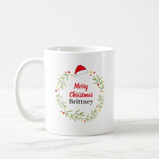 Merry Christmas Santa Hat Wreath Personalized Coffee Mug (Left)
