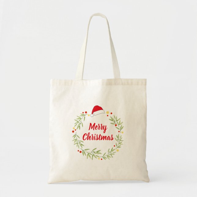 Merry Christmas Santa Hat Wreath Tote Bag (Front)