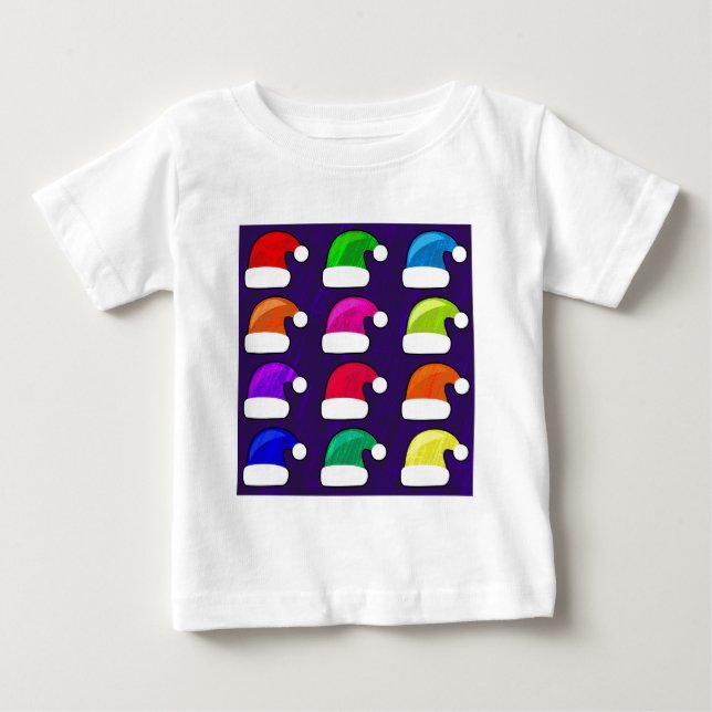 Merry Christmas Santa Hats Red Blue Purple Green Baby T-Shirt (Front)
