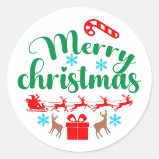 Merry Christmas: Santa & His Sleigh & Reindeer Classic Round Sticker