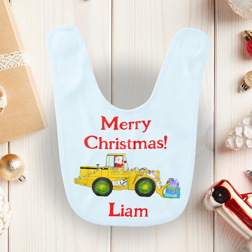 Merry Christmas Santa In Bulldozer Delivering Gift Baby Bib