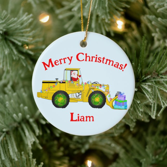 Merry Christmas Santa In Bulldozer Delivering Gift Ceramic Ornament (Tree)