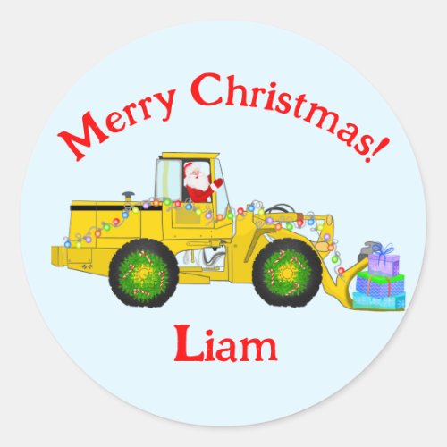 Merry Christmas Santa In Bulldozer Delivering Gift Classic Round Sticker