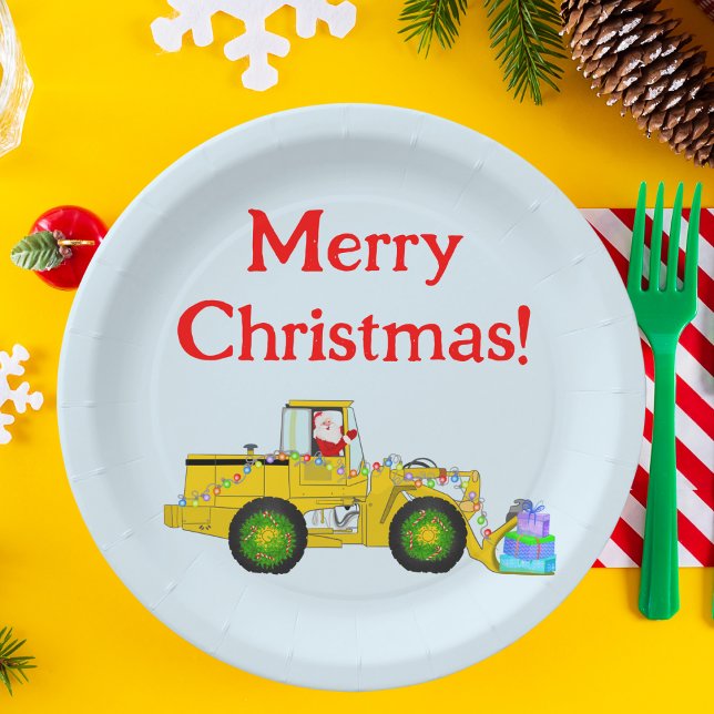 Merry Christmas Santa In Bulldozer Delivering Gift Paper Plates (Santa drives bulldozer: festive plates for construction-loving kids. Celebrate with style!)