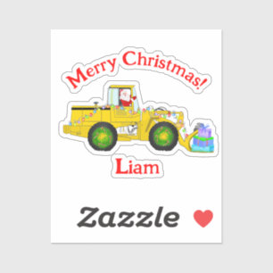 Merry Christmas Santa In Bulldozer Delivering Gift Sticker