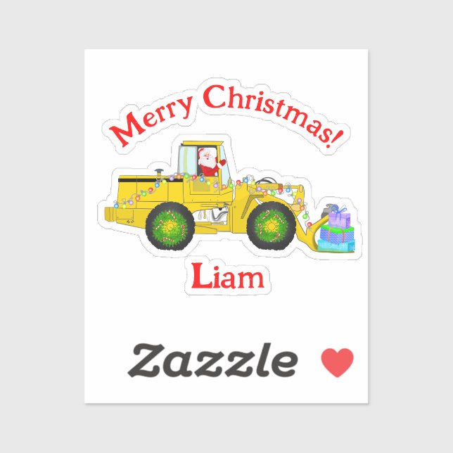 Merry Christmas Santa In Bulldozer Delivering Gift Sticker (Sheet)