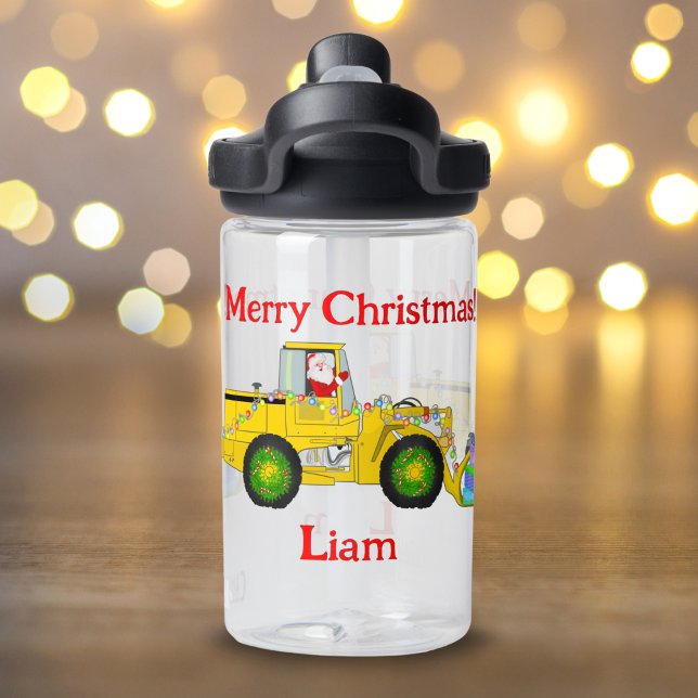 Merry Christmas Santa In Bulldozer Delivering Gift Water Bottle (Stay hydrated with this adorable Christmas water bottle!)