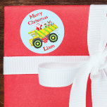 Merry Christmas Santa In Dump Elf, Reindeer Classic Round Sticker<br><div class="desc">Delightful Christmas sticker: Santa,  Elf,  and red-nosed reindeer in a dump truck overflowing with gifts,  spreading cheer with candy canes. Perfect for dump truck-loving kids. Make their holidays memorable!</div>