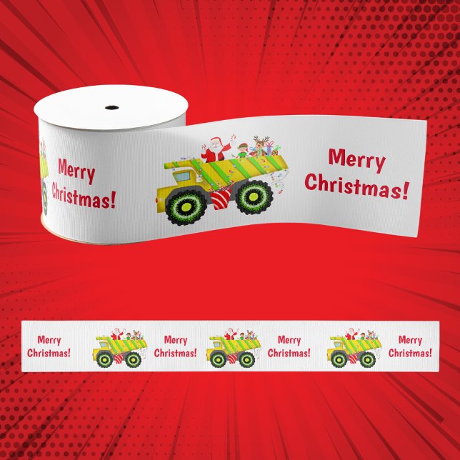 Merry Christmas Santa In Dump Elf, Reindeer Grosgrain Ribbon (Spread Joy this Christmas with Santa, Elf, and Rudolph in a Dump Truck!)