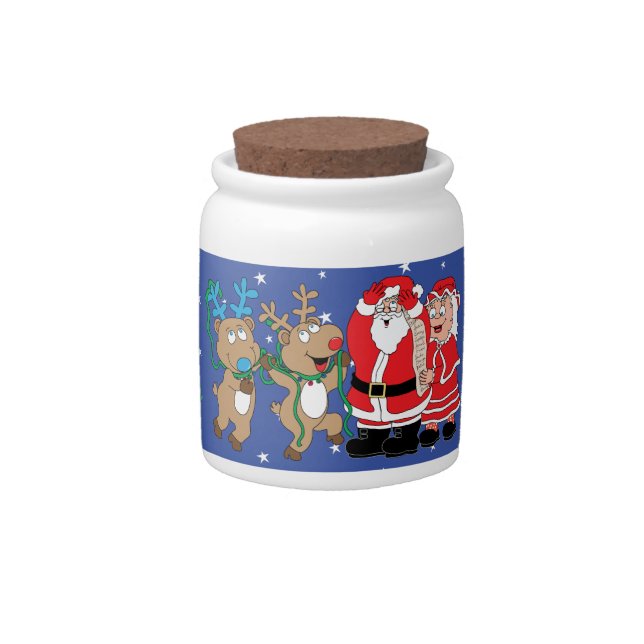 Merry Christmas Santa Ms. Claus Reindeer Candy Jar (Front)