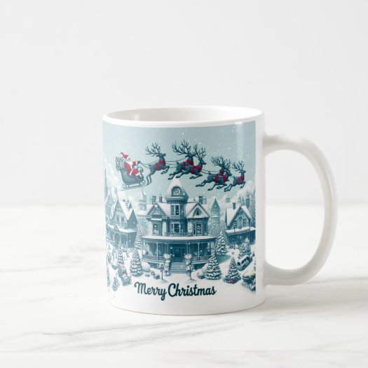 Merry Christmas Santa on His Sleigh Blue White