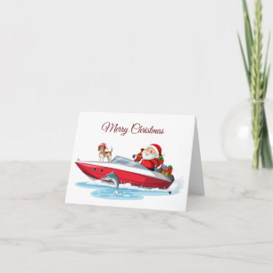 Merry Christmas Santa on the Boat with Dog Card