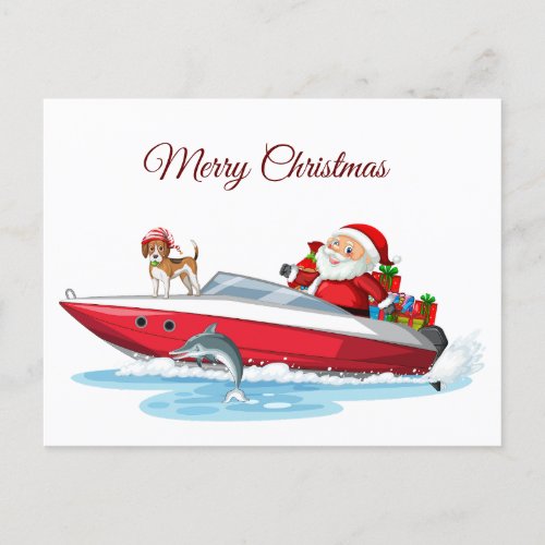 Merry Christmas Santa on the Boat with Dog Holiday Postcard