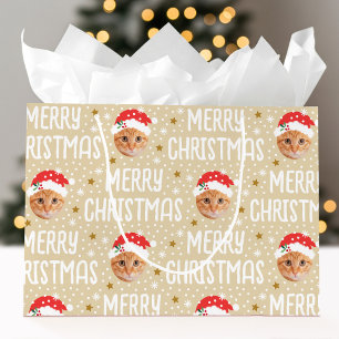 Merry Christmas Santa One Photo Cute Face Beige Large Gift Bag