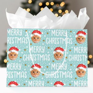 Merry Christmas Santa One Photo Cute Face Blue Large Gift Bag