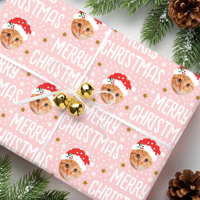 Merry Christmas Santa One Photo Cute Face Pink Wrapping Paper (Creator Uploaded)