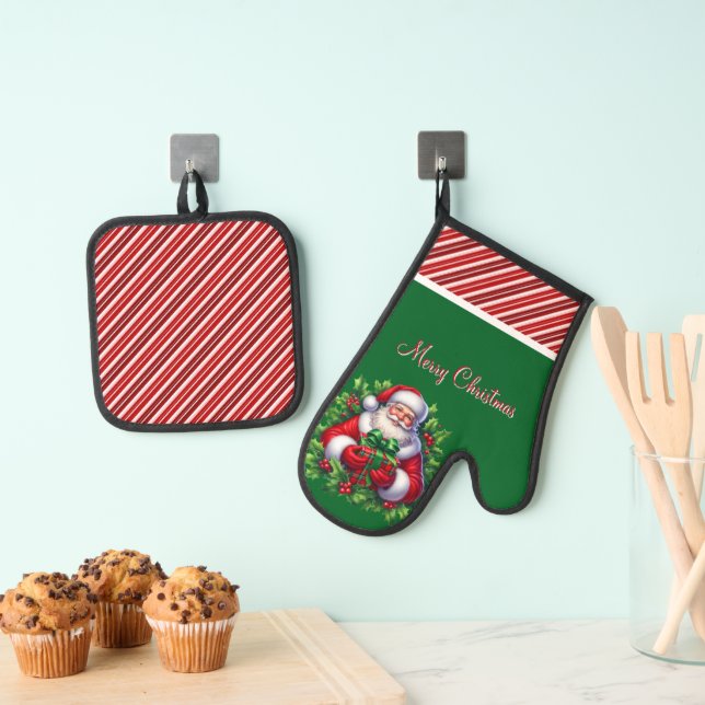 Merry Christmas Santa Oven Mitt & Pot Holder Set (Insitu(Hanging))