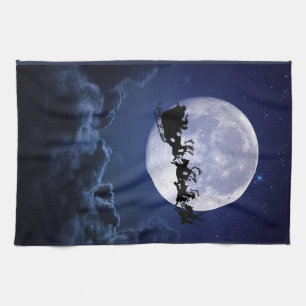 Merry Christmas Santa over moon Holiday night Kitchen Towel