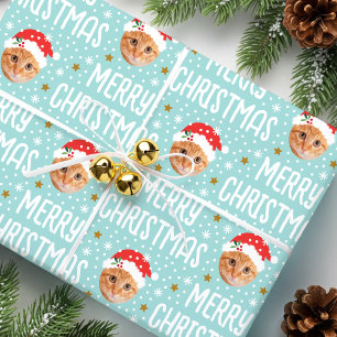 Merry Christmas Santa Photo Cute Face Blue Wrapping Paper