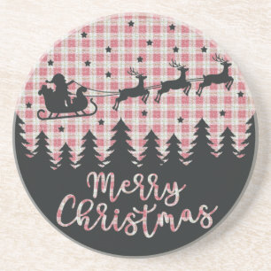 Merry Christmas Santa & Plaid Sandstone Coaster