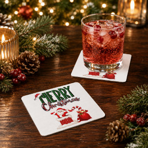 Merry Christmas Santa Plaid Square Paper Coaster
