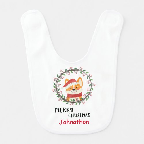 Merry Christmas Santa Puppy Watercolor Personalize Baby Bib