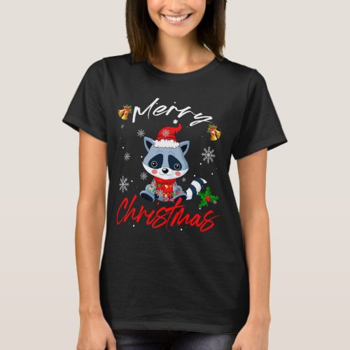 Merry Christmas Santa Raccoon Xmas Lights Funny Fa T_Shirt