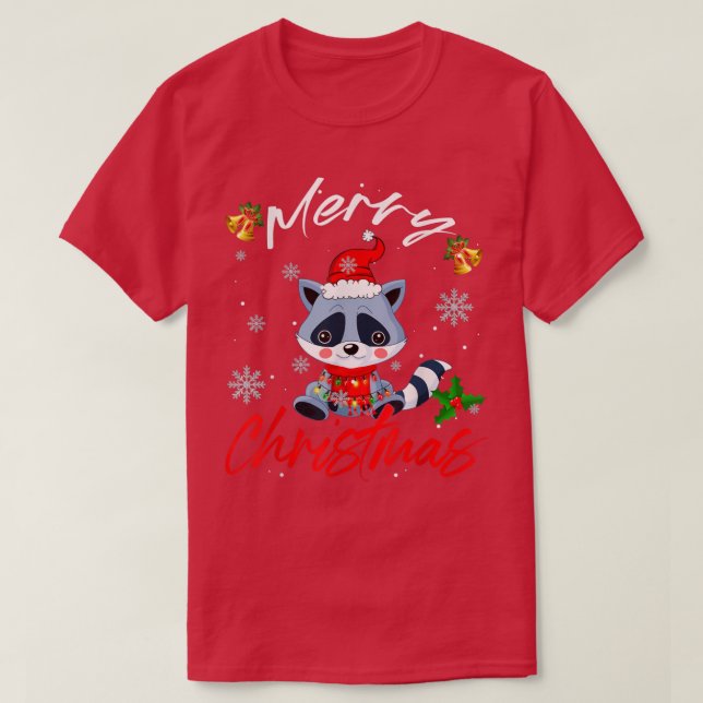 Merry Christmas Santa Raccoon Xmas Lights Funny Fa T-Shirt (Design Front)