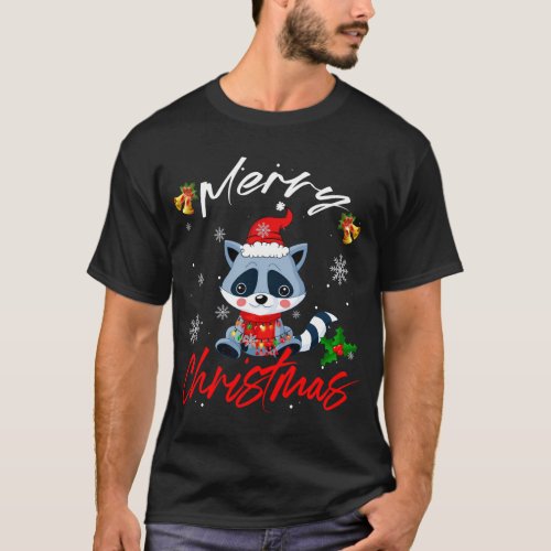 Merry Christmas Santa Raccoon Xmas Lights Funny Fa T_Shirt