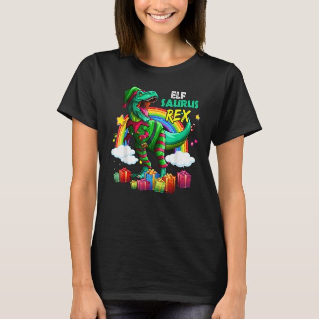Merry Christmas Santa Rainbow Elf Saurus Rex T-Shirt (Front)