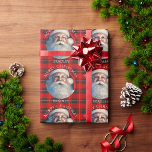 Merry Christmas Santa Red Plaid Personalized Name Wrapping Paper
