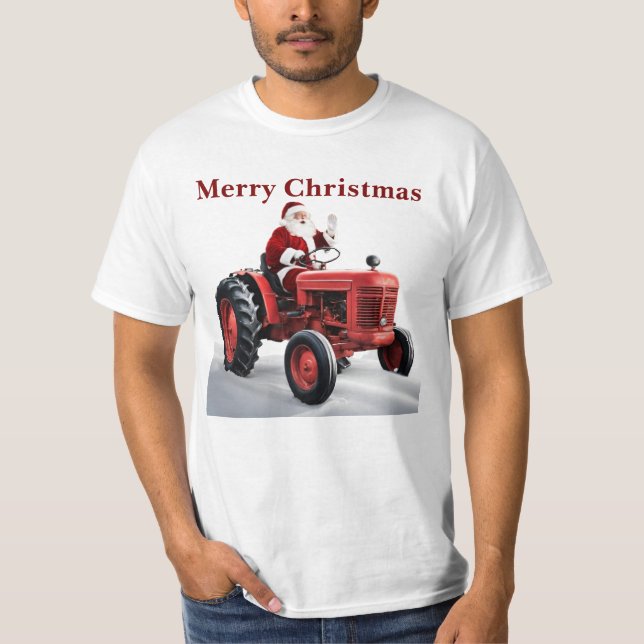 Merry Christmas Santa Red Tractor Cool Farm T-Shirt (Front)
